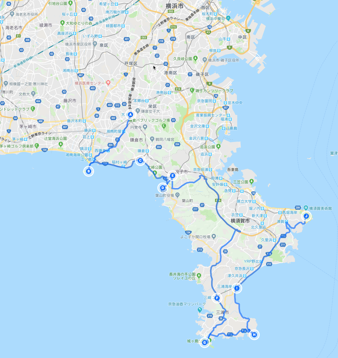 江ノ島〜三浦半島一周の旅の道のり